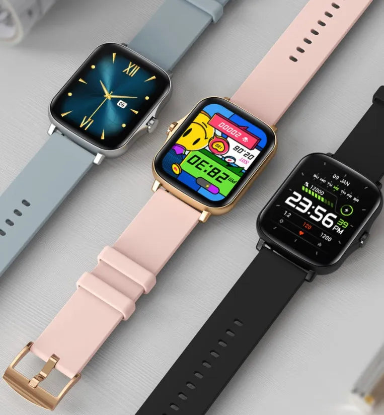 Blue smart watch with 1.7-inch touch screen on wrist, showing fitness stats interface.