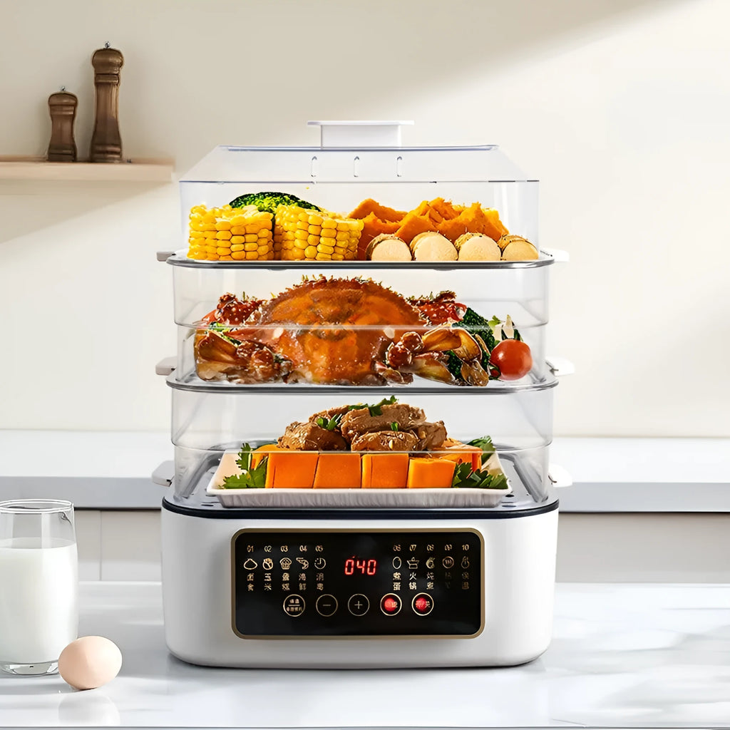 28 litre stainless steel electric steamer with automatic measuring function and polypropylene liner