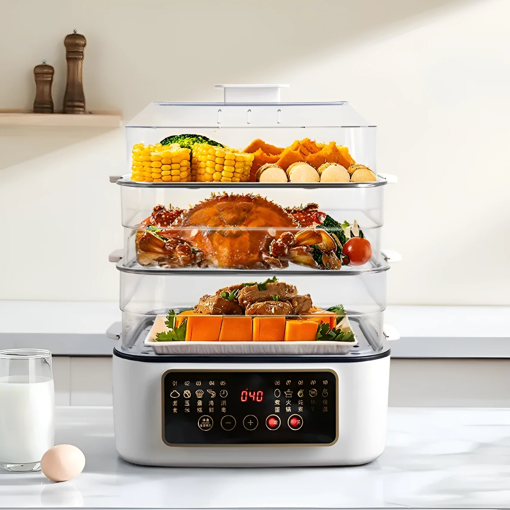 28 litre stainless steel electric steamer with automatic measuring function and polypropylene liner