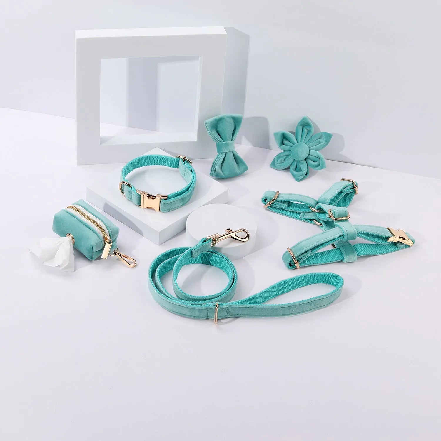 Classic soft velvet dog collar and matching traction rope set with chest strap, bow tie, and accessories in multiple colour options