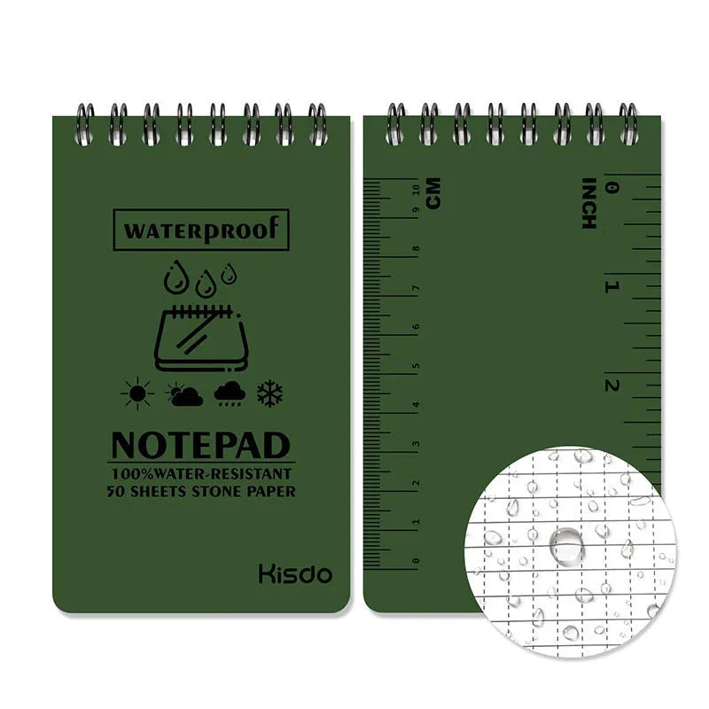 A5 waterproof spiral notepad with stone paper pages and polypropylene cover in camouflage pattern.