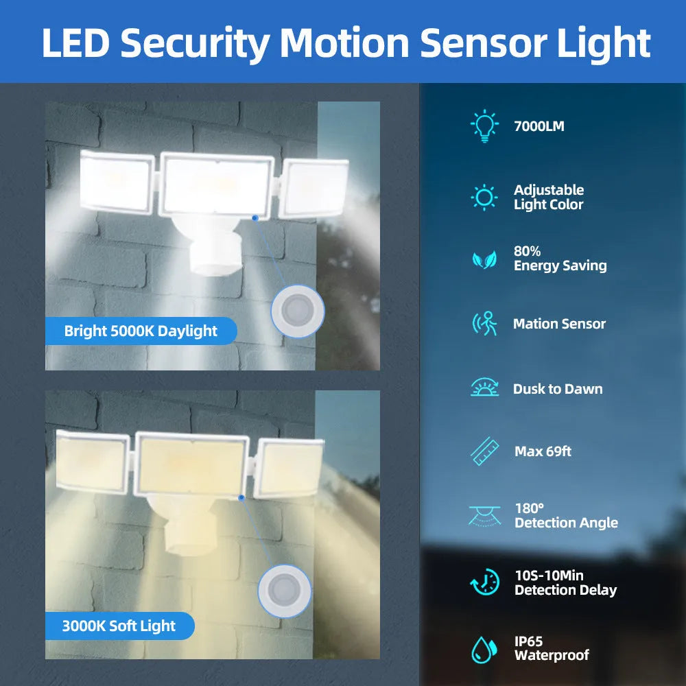 White or black 120V LED motion sensor security flood light with wall mounting bracket