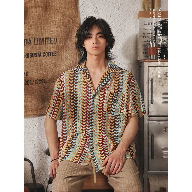 Japanese Cuban collar short sleeve shirt with grey jacquard pattern and fleece-lined slim fit