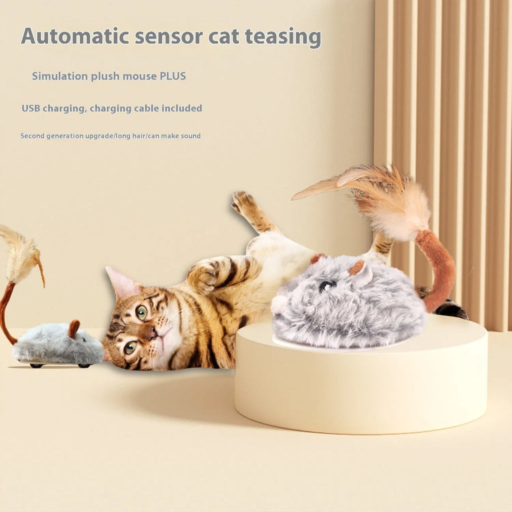 Electric cat toy with rotating plush mouse on telescopic pole showing pink, purple and dark grey colour options
