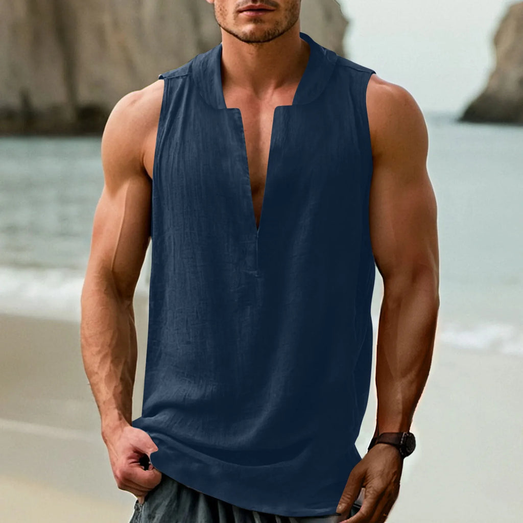 Men's mint green sleeveless shirt in cotton linen blend fabric, laid flat.