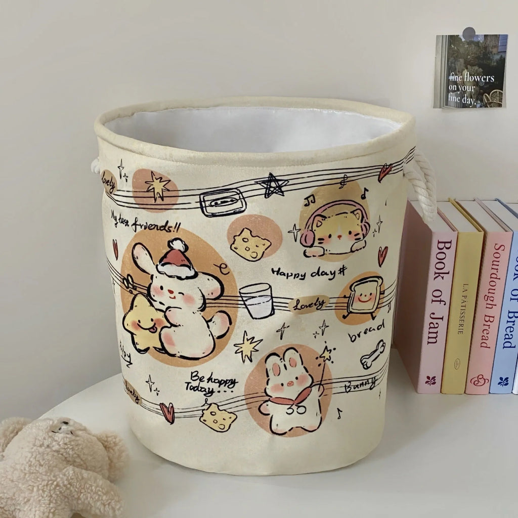 Foldable cotton cloth laundry basket with bear print design for bedroom storage
