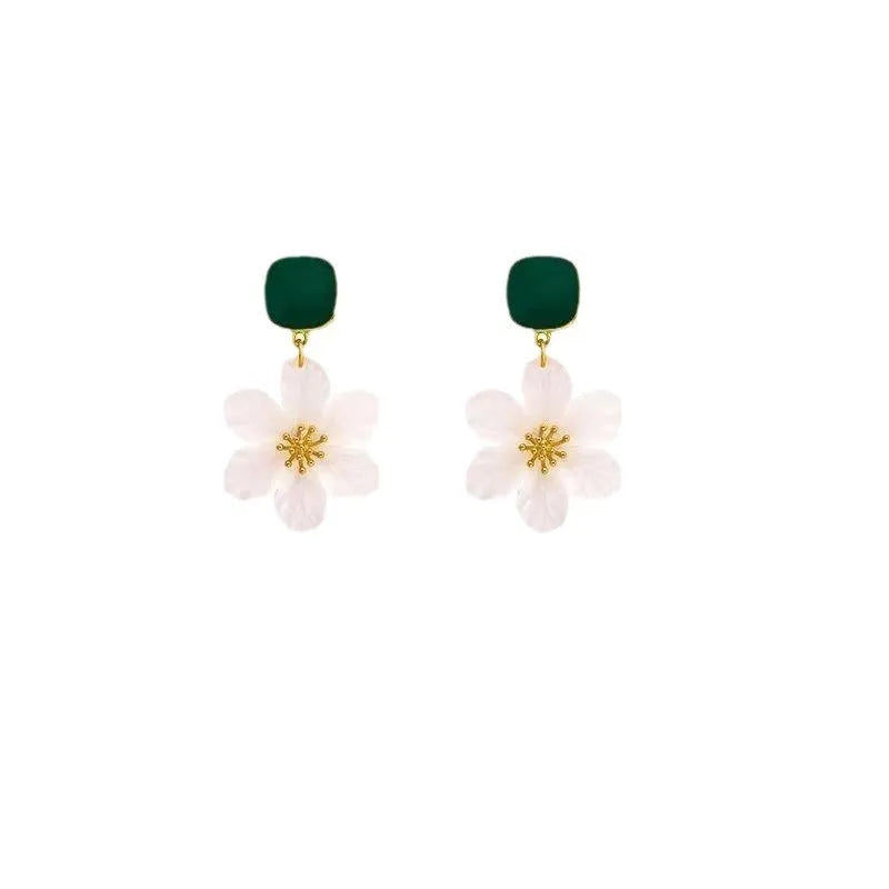 Sterling silver needle flowers earrings with dark green colour accents on alloy base