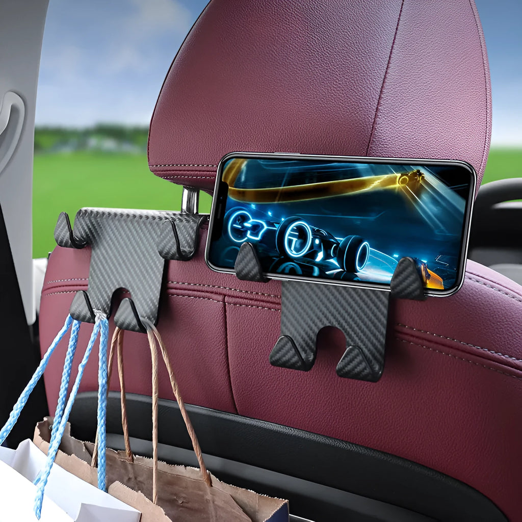 Black ABS plastic car seat back hook with integrated mobile phone holder bracket