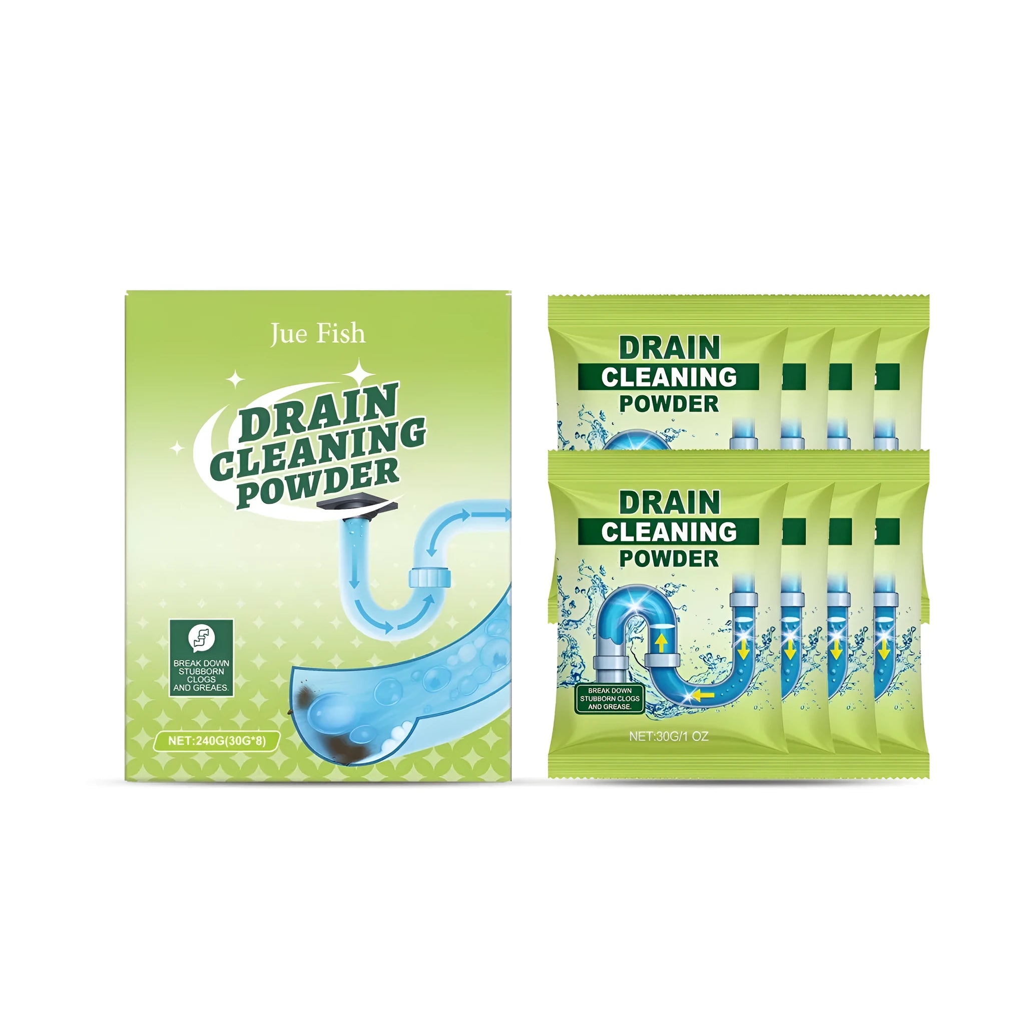 240g packet of drain cleaning powder containing eight individual 30g sachets