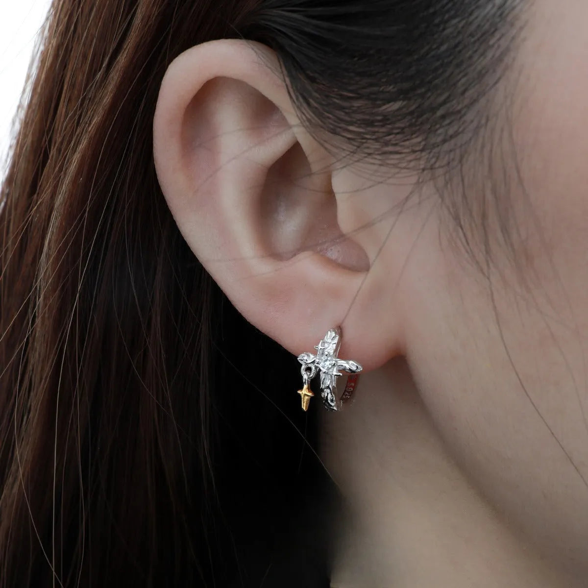 XINGX 925 silver cross earrings with white gold colour electroplated finish and geometric design