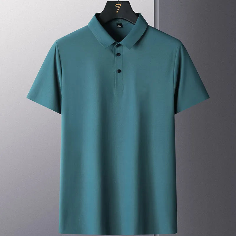Men's non-ironing solid colour short sleeve business casual shirt on a hanger.