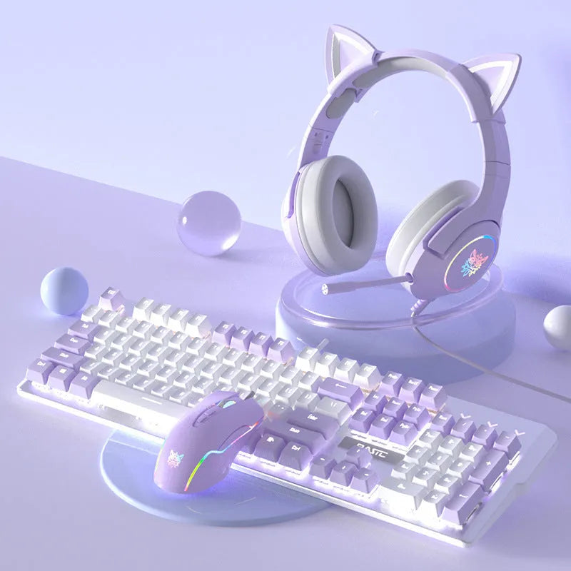 Purple and white mechanical keyboard and mouse combo set with backlit keys on desk