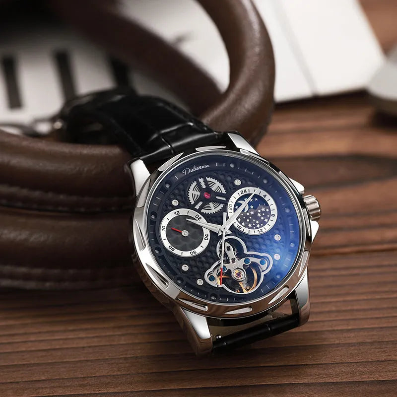 Men's waterproof luminous automatic watch with steel case and black dial on leather strap