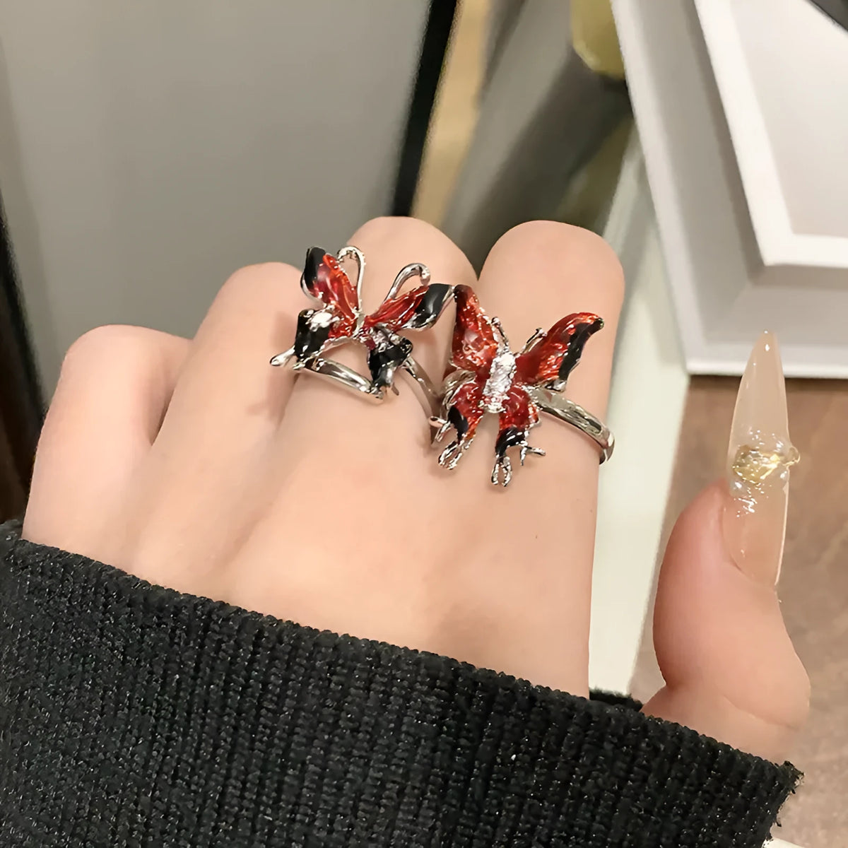 Copper butterfly women's ring with open loop design and Chinese-inspired creative jewellery details