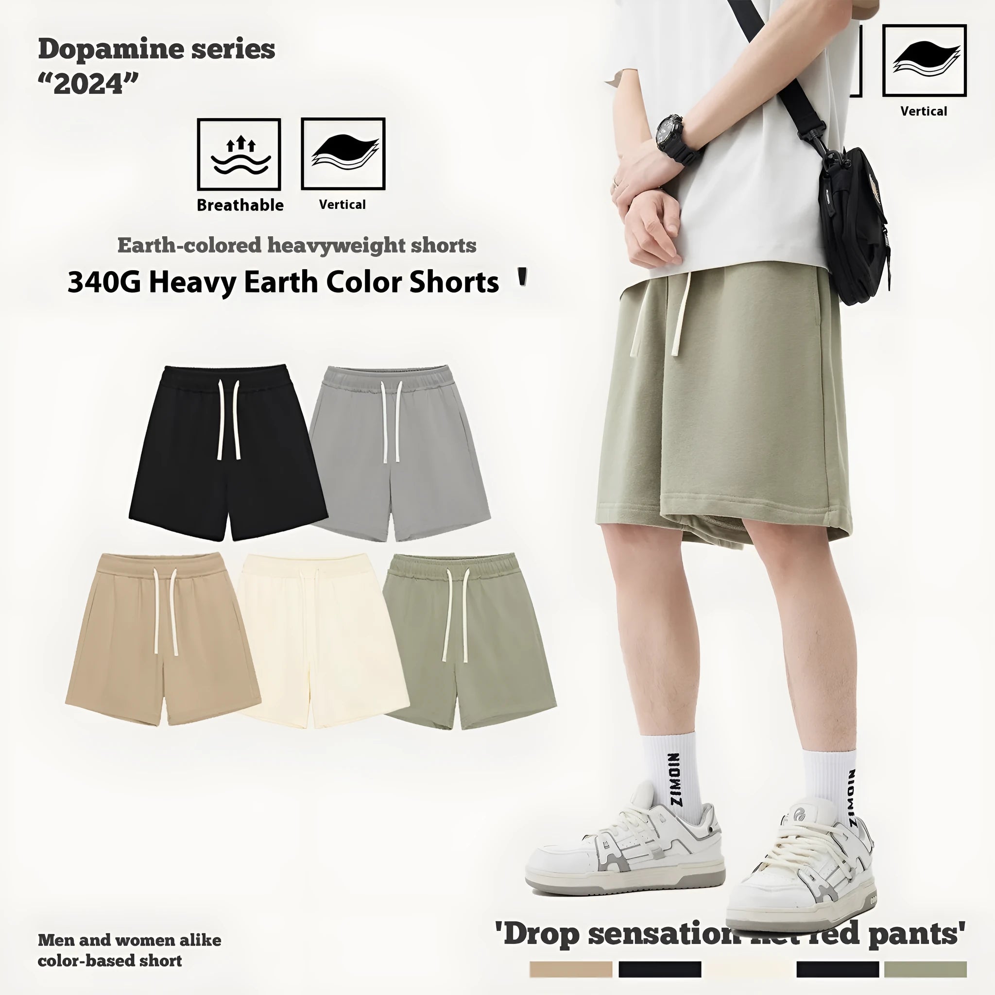 Baby boy and girl wearing loose-fit cotton denim shorts in charcoal grey and cream apricot colours.
