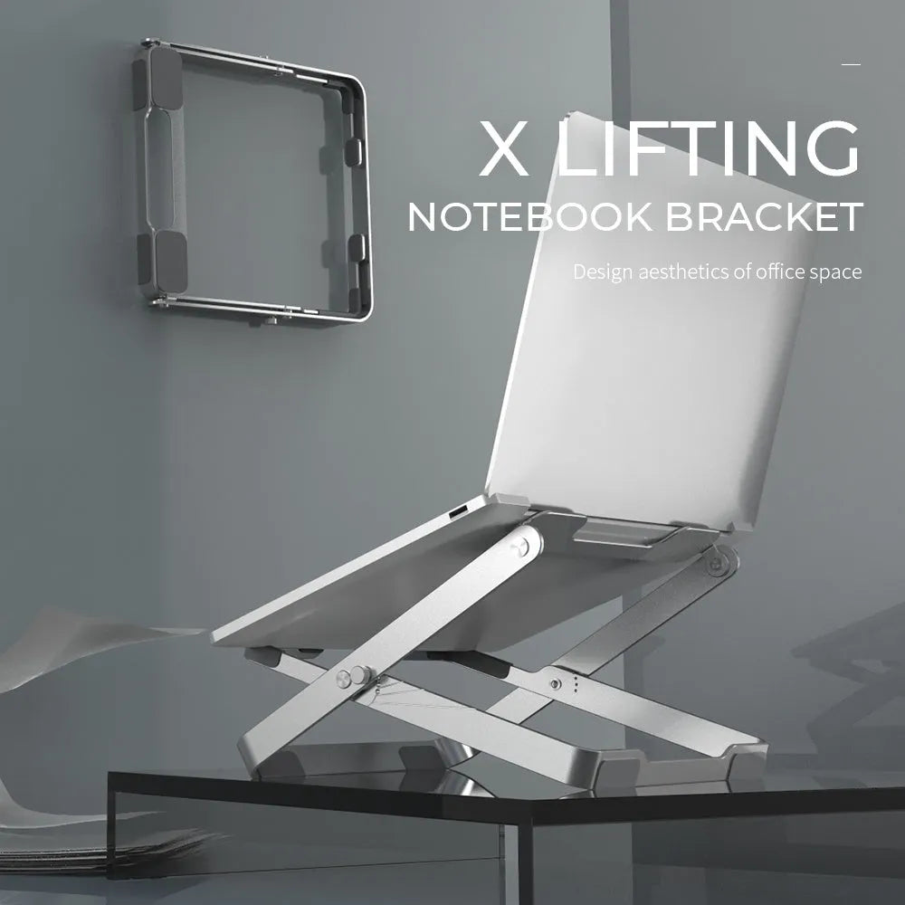 Folding aluminium alloy laptop stand in silver grey, adjustable for 11-18 inch laptops and tablets