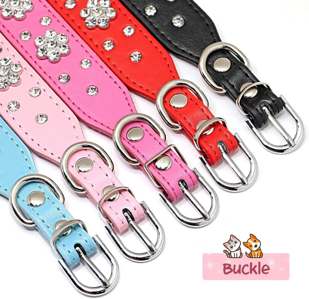 Cute PU leather dog collar with studded rhinestone flower pattern available in multiple colours for small and medium dogs