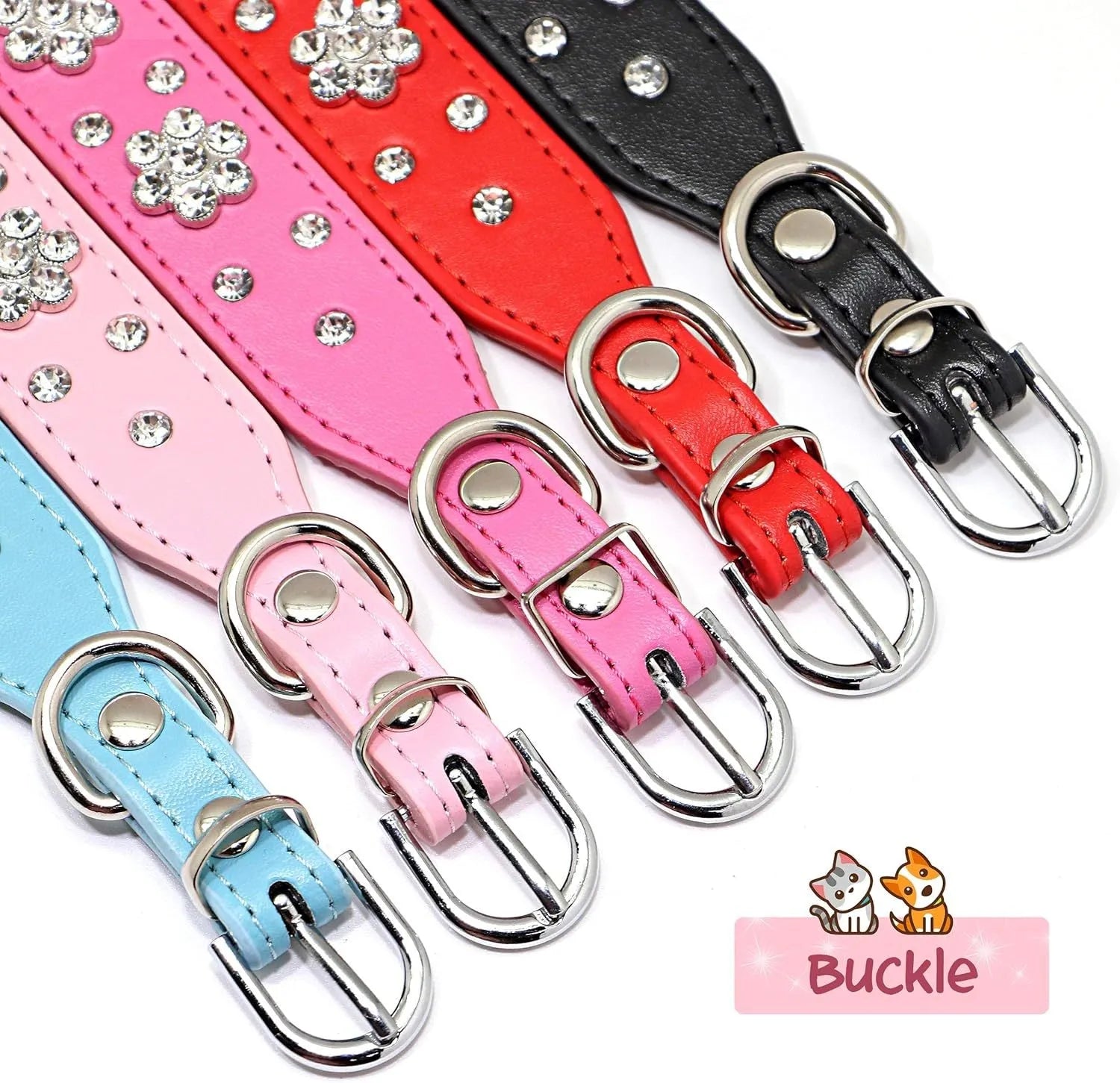 Cute PU leather dog collar with studded rhinestone flower pattern available in multiple colours for small and medium dogs