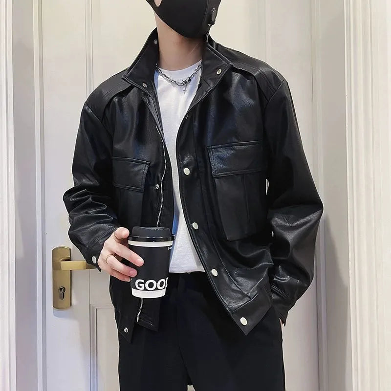 Men's black PU leather pilot jacket with a straight hem and side pockets, Korean style.