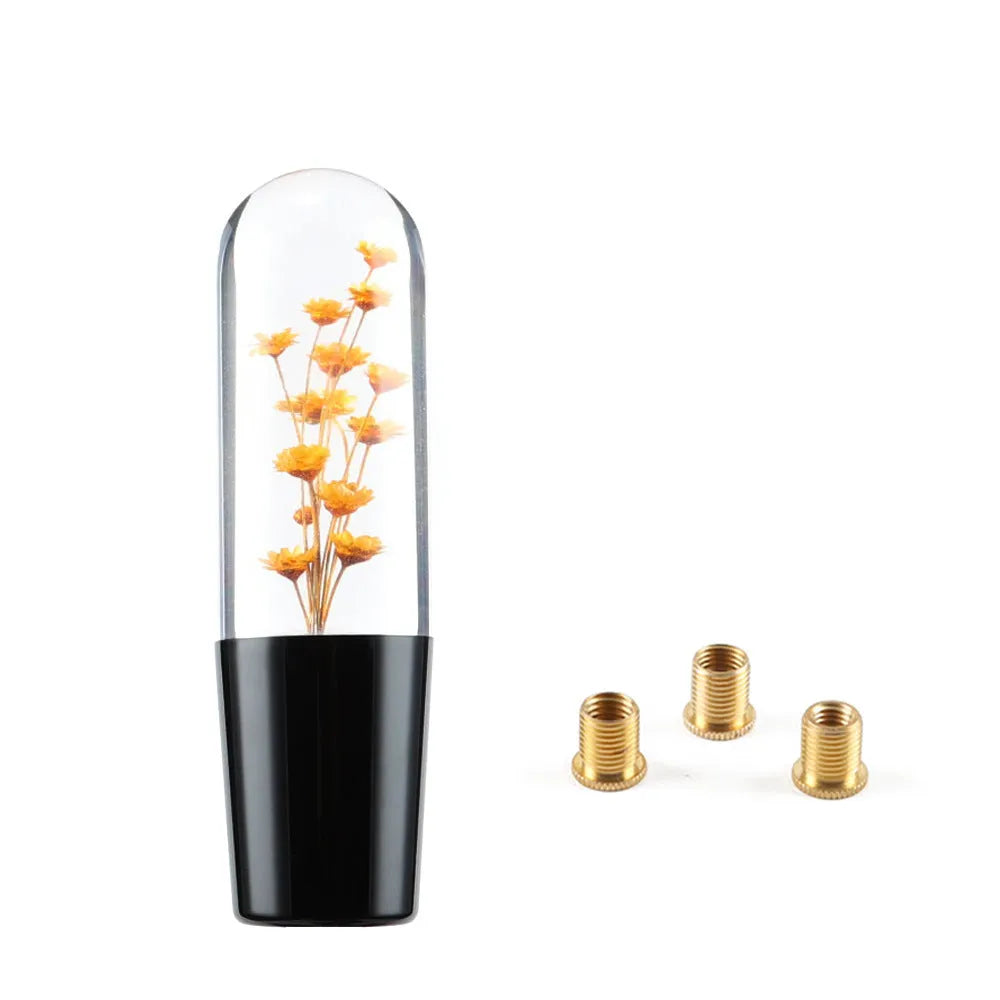 15cm transparent crystal car gear head with water flower design, shown with three metal adapters.
