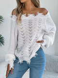 Women's white hollow-out cut-off-shoulder pullover sweater with regular sleeves on hanger