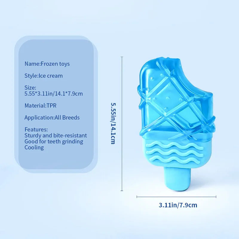 Three water filled dog toys: pacifier, popsicle, and ring shapes for cooling and teething