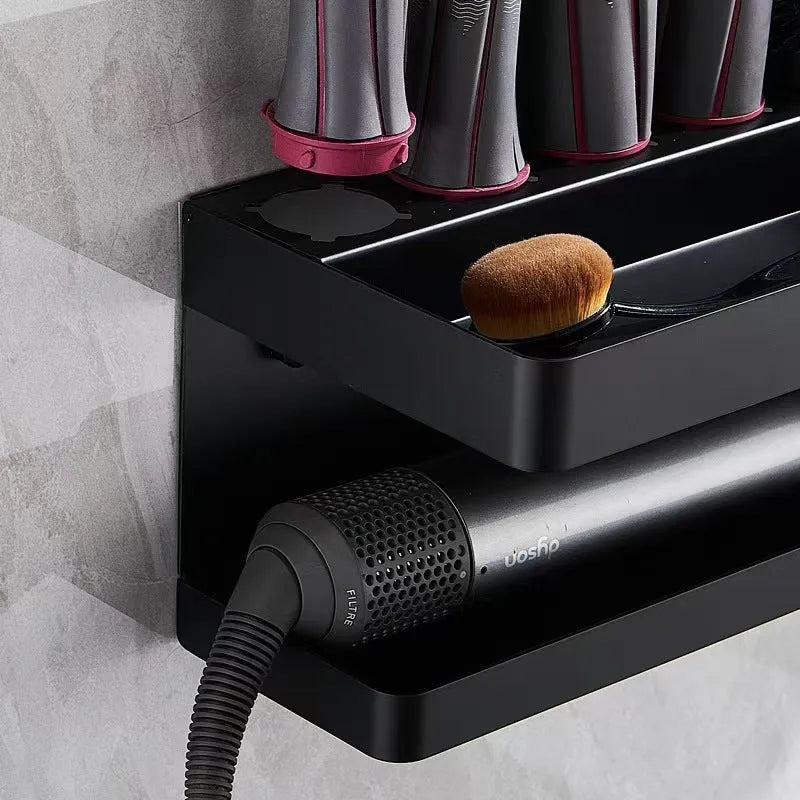 Aluminium double layer punch-free bathroom storage rack for hair curlers in black colour