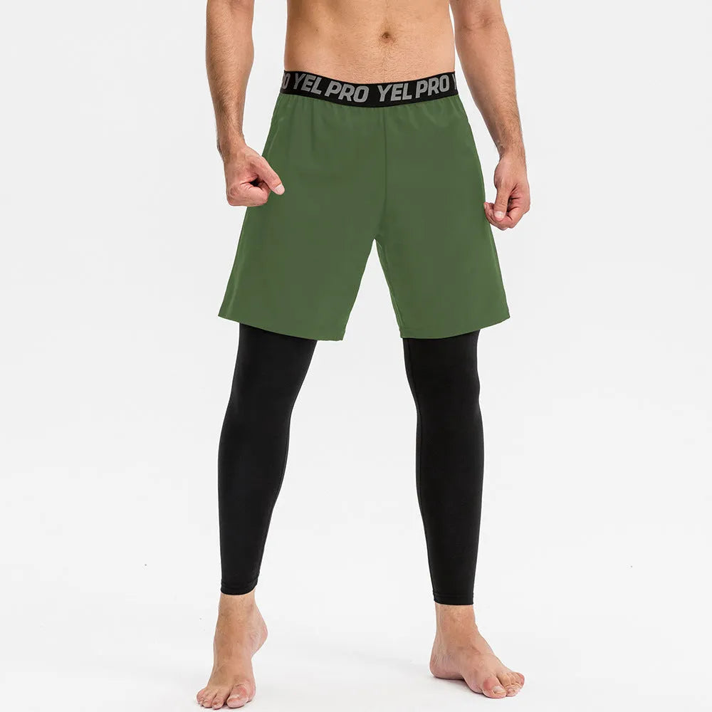 Men's gray quick-drying high elastic tight sports pants for fitness and running.