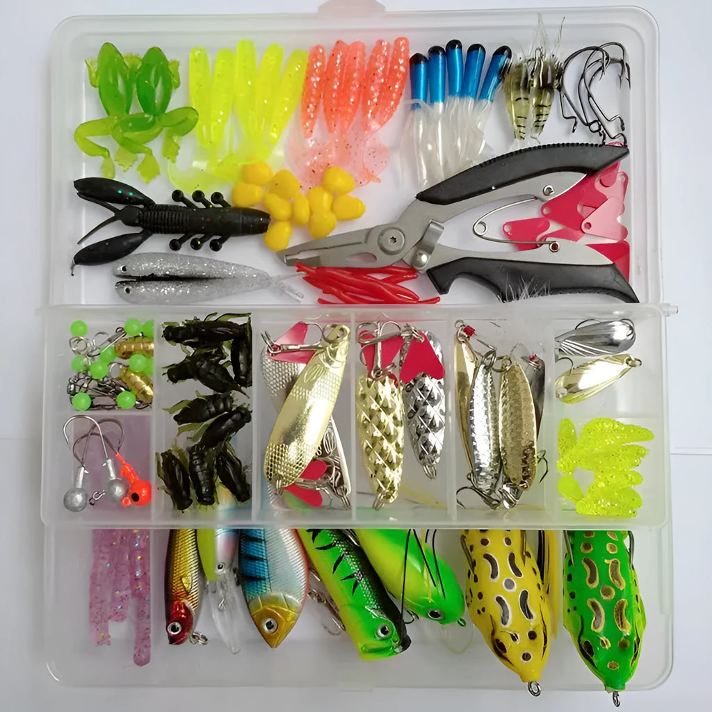 142-piece fishing lure kit with hard minnow lures, sequin lures, hooks, and metal pliers