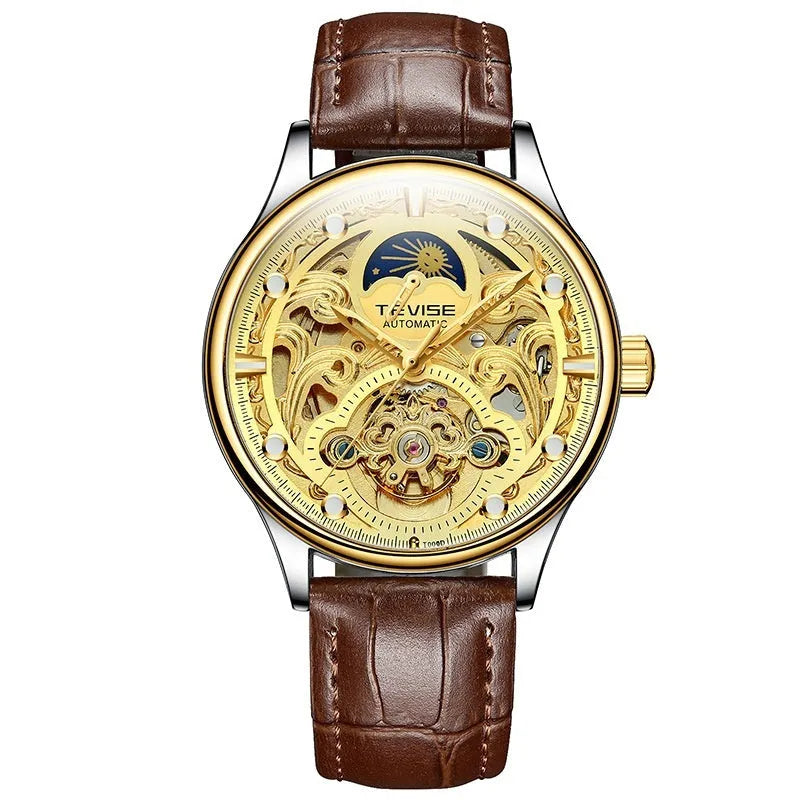 Men's automatic mechanical watch with leather strap in gold colour, business style design
