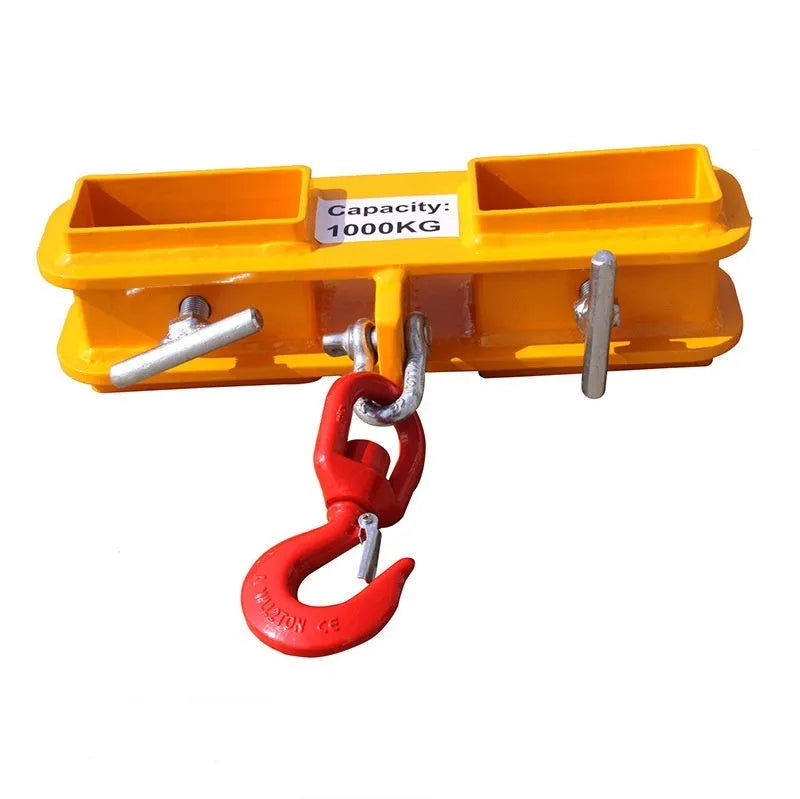MK forklift crane hook attachment with a rotatable iron hook and safety locking device