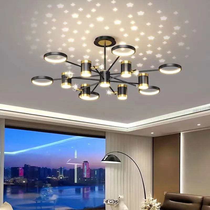 Black iron star-shaped pendant chandelier with thirteen lights and remote control