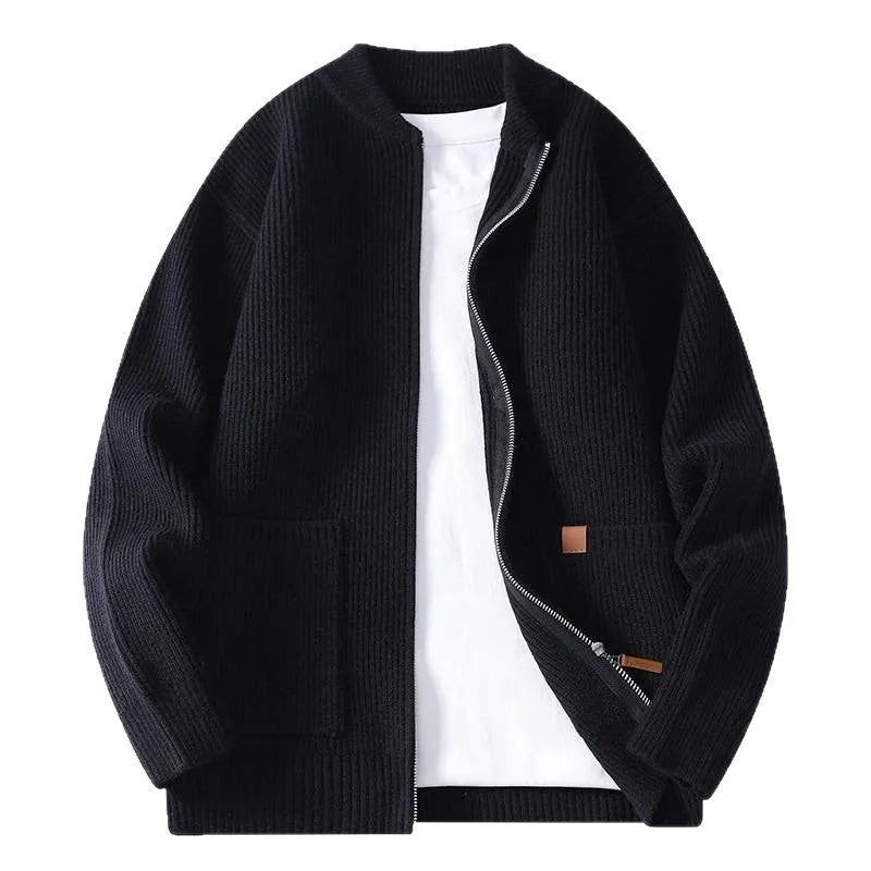 Men's beige and black striped cardigan jacket with a straight fit on a hanger.