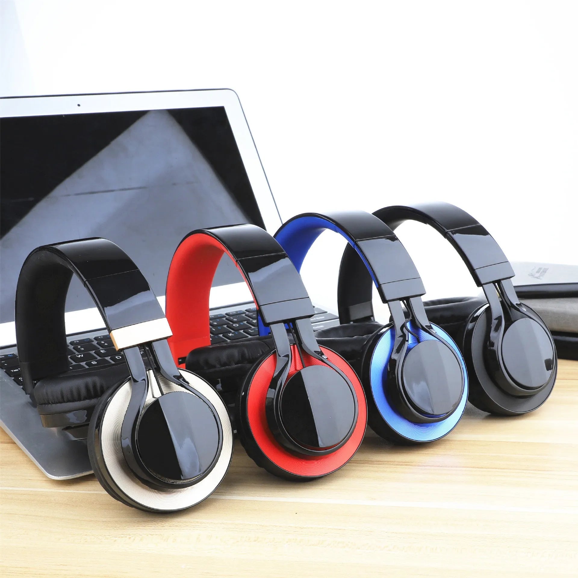 Wired karaoke headset with microphone and black ear cushions connected to mobile phone