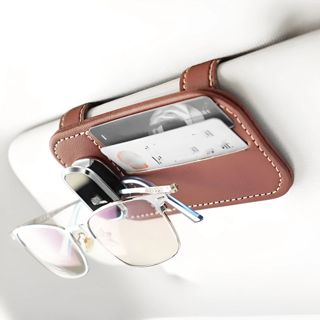 Genuine leather automotive sun visor card holder with sunglasses clip in snap-on installation