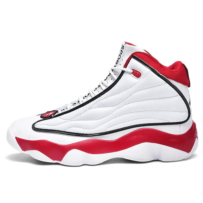 High-top basketball shoes in AJ13 white red colourway with mesh upper and rubber sole