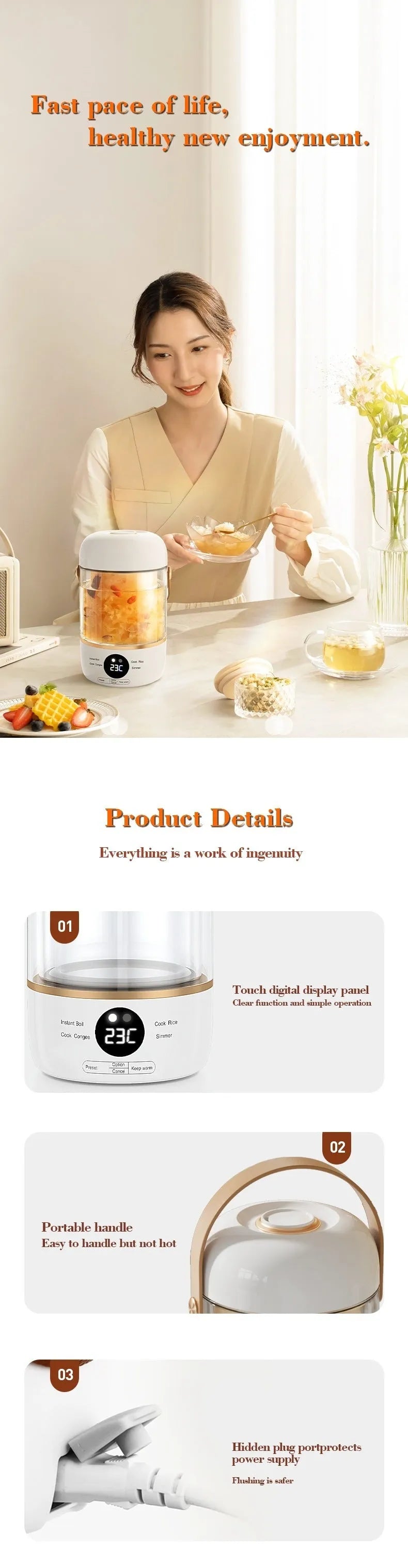 Compact white electric stew cooker with glass pot and digital display, shown with spoon.