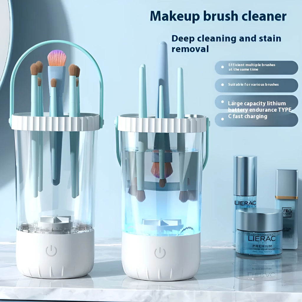 White rechargeable electric makeup brush cleaner with USB charging cable