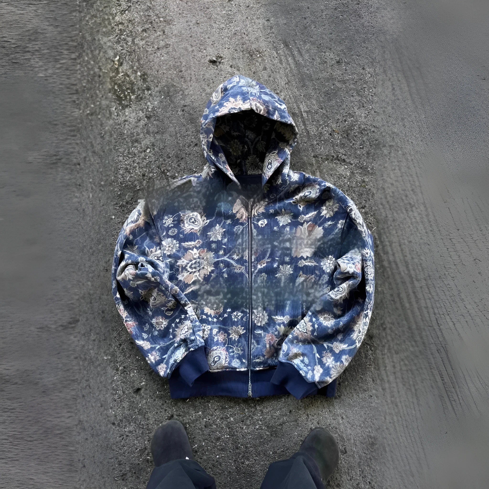 A man's loose-fitting blue hooded zip coat with long sleeves, shown front-on.