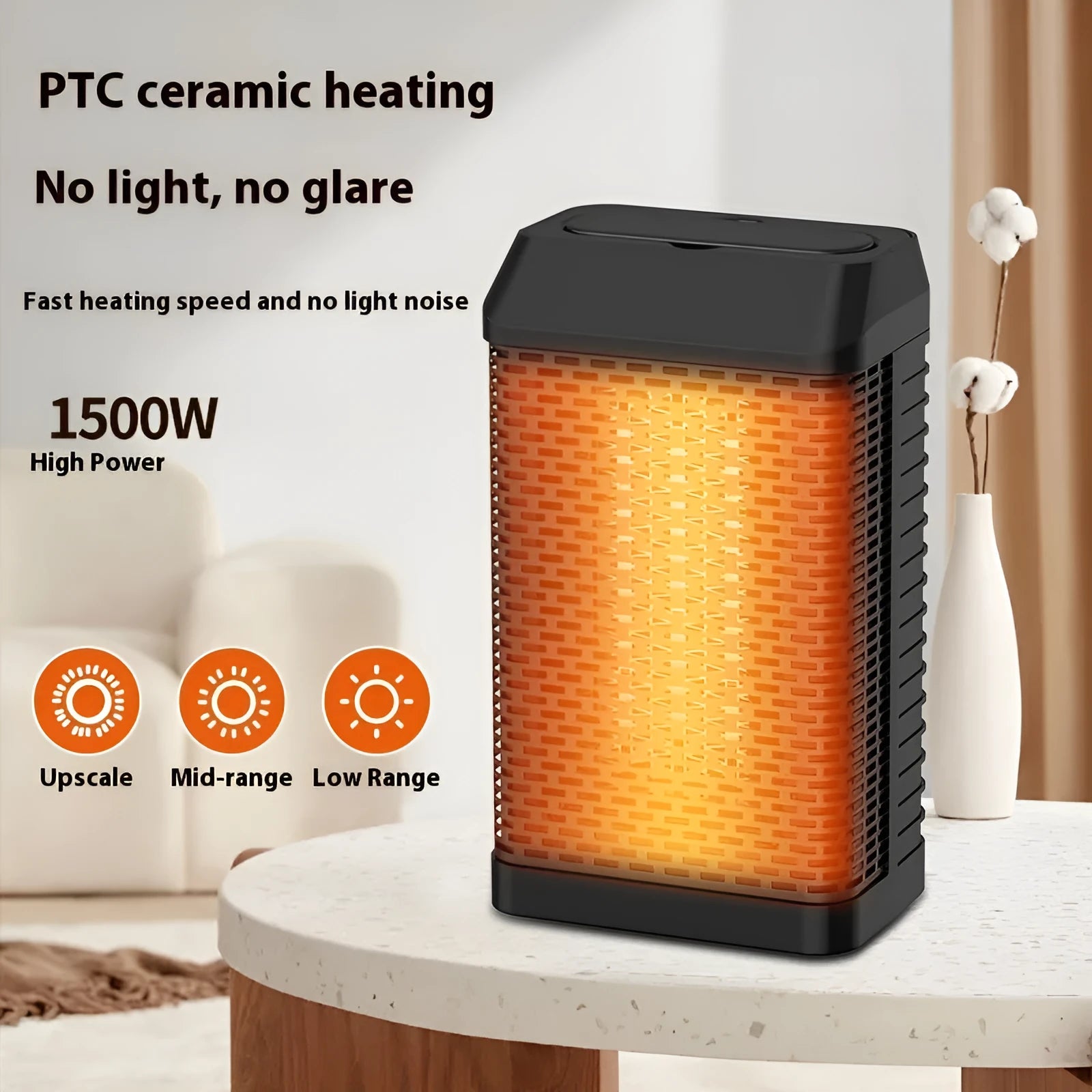 Black remote control desktop electric heater on a desk