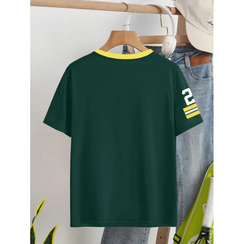 Loose fit casual cotton T-shirt with digital letter printing in red or green colour options