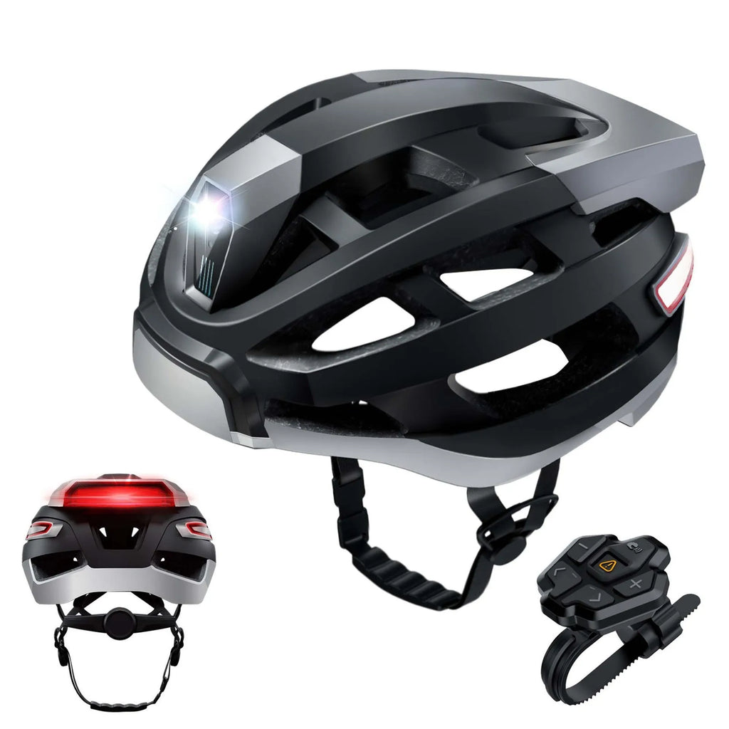 Black and grey smart cycling helmet with integrated warning lights showing USB charging port