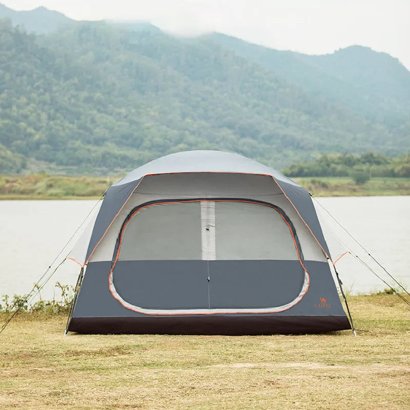 Titanium gray large camping tent for 5-8 people with quick-build glass poles and double layer