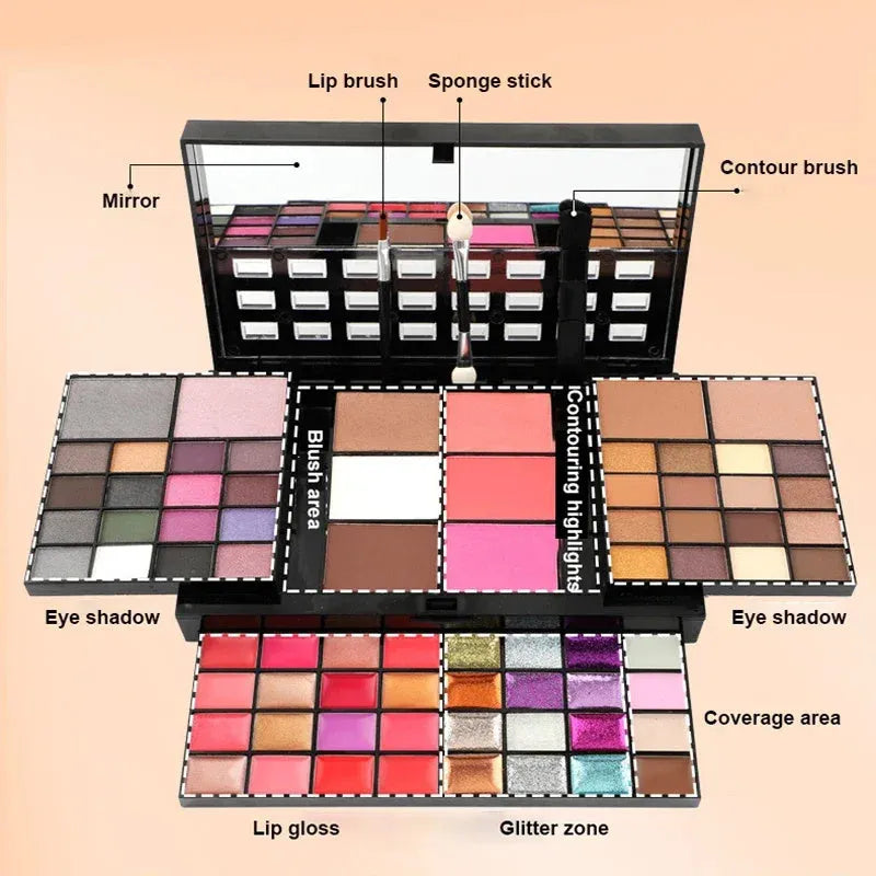 74 colour makeup combination palette open showing eyeshadows, lip glosses, and brushes