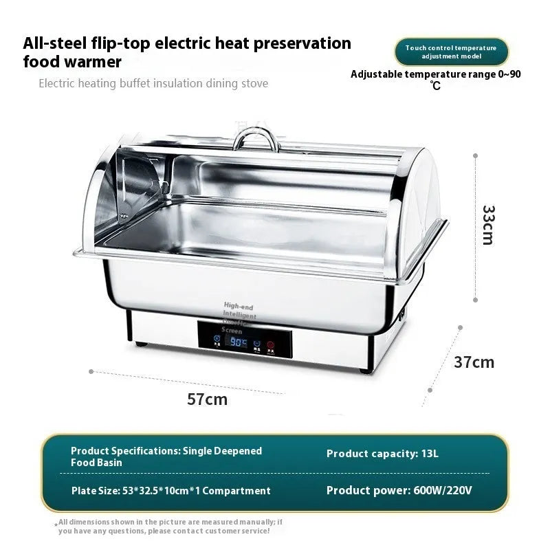 Stainless steel electric buffet food warmer with transparent flip lid and LCD control screen.