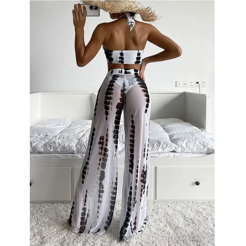 Three-piece swimsuit bikini set with mesh trousers in printing pattern