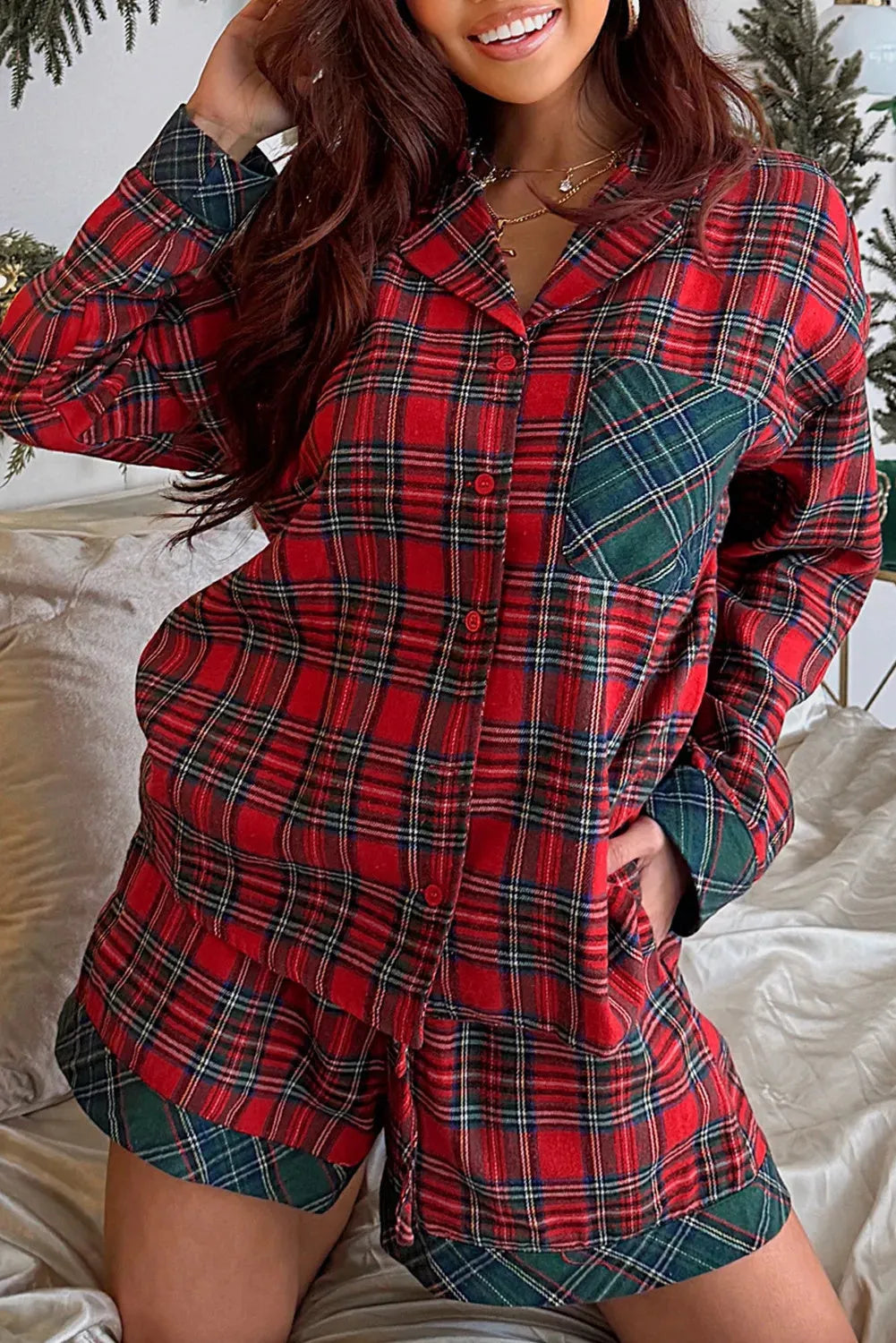 Red plaid long sleeve pyjama shirt and matching shorts set for Christmas.