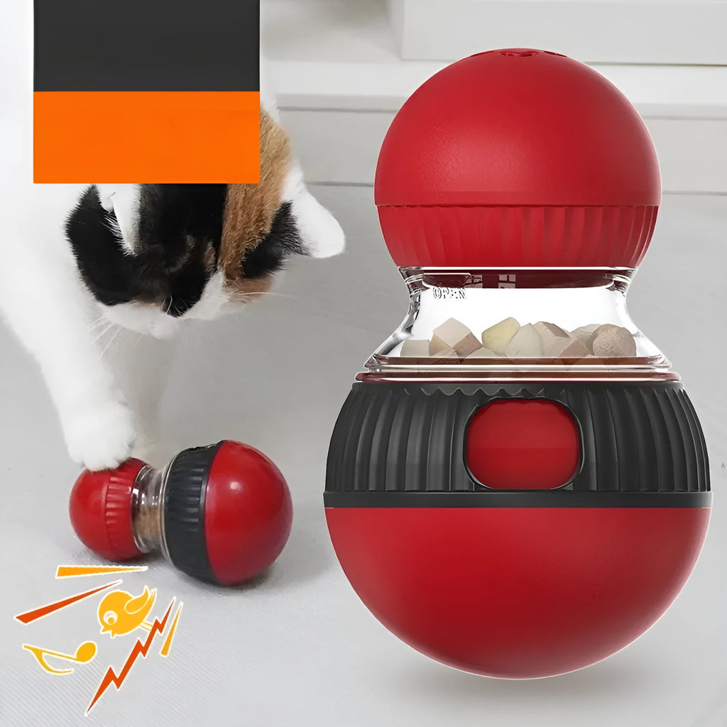 Rotating plastic cat toy ball with sound and food dispensing features in super ball colour