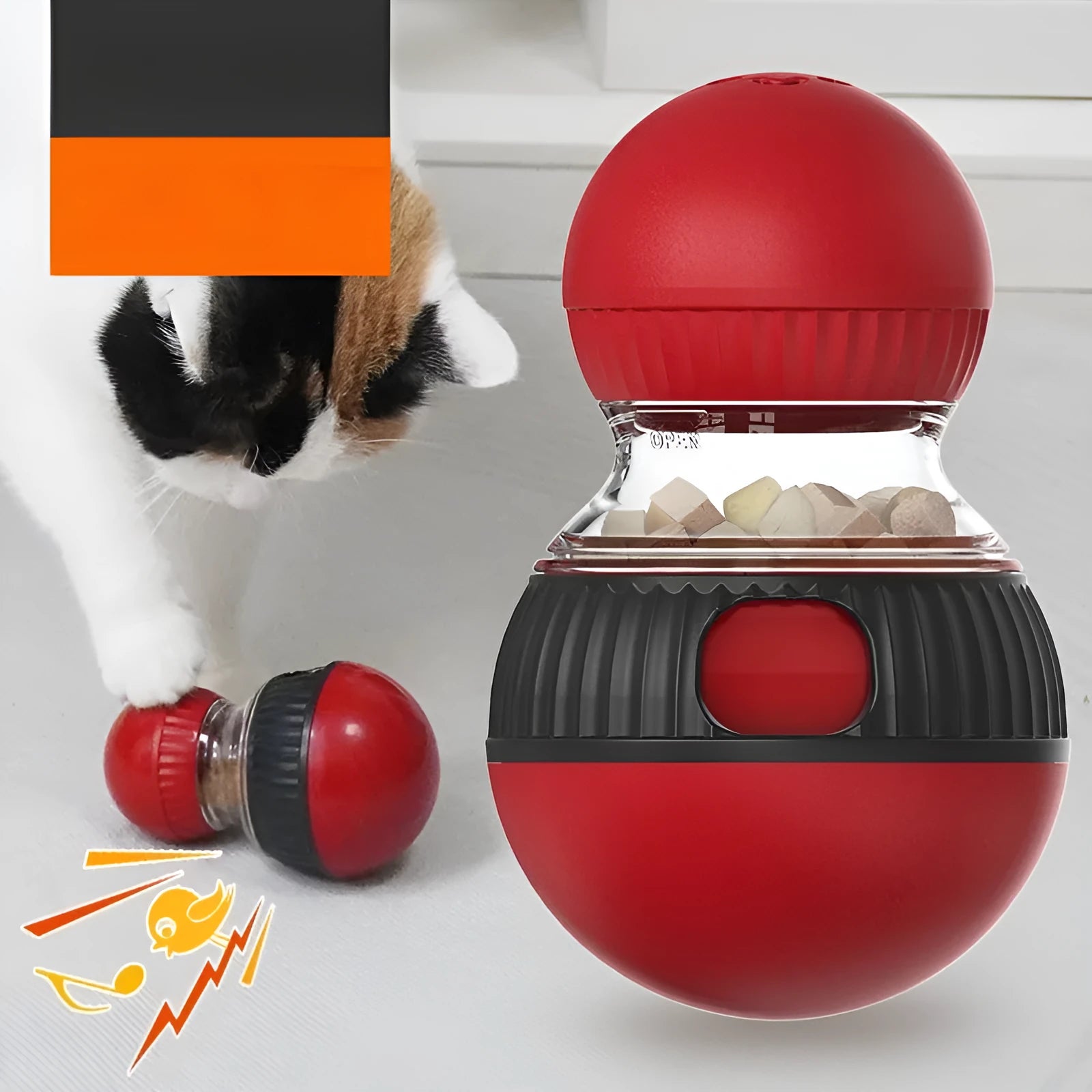 Rotating plastic cat toy ball with sound and food dispensing features in super ball colour