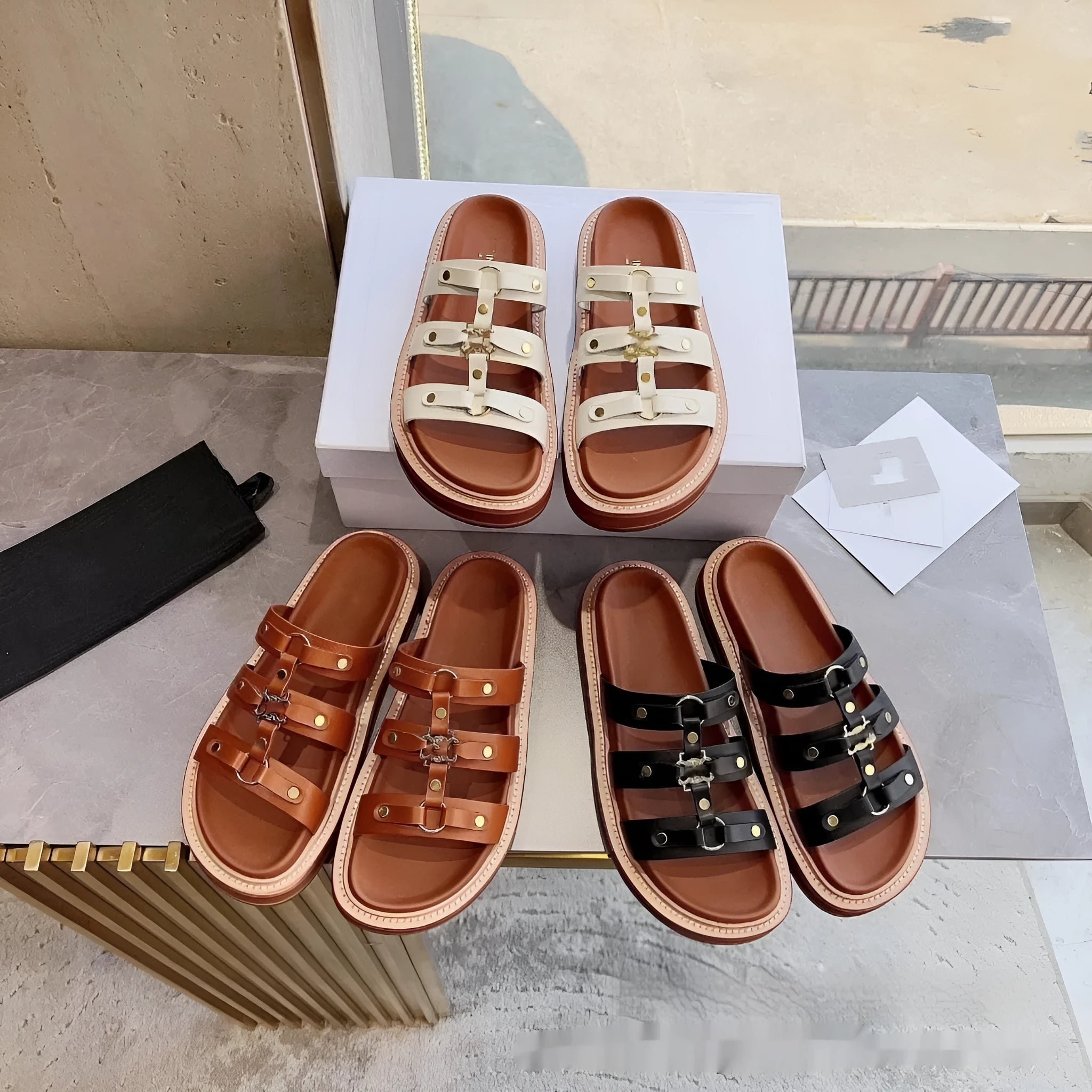 Women's Roman style sandal slippers in sheepskin with patent leather finish, showing colour options